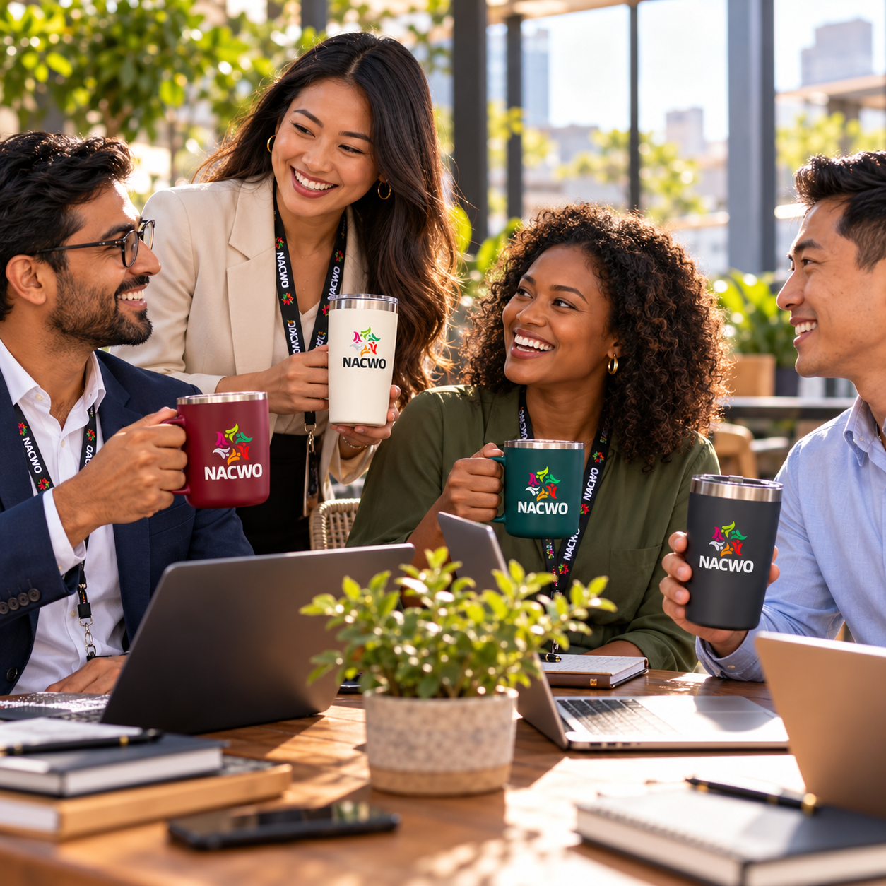 Business professionals collaborating around NACWO-branded materials